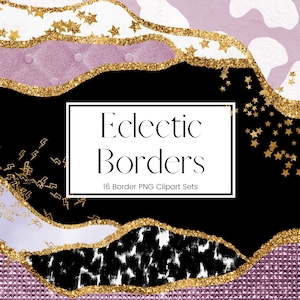 Eclectic Border Clipart, Purple Border Overlays, Transparent PNG Marble, Gold Glitter Border Frames, Invitation Clipart, Commercial Use