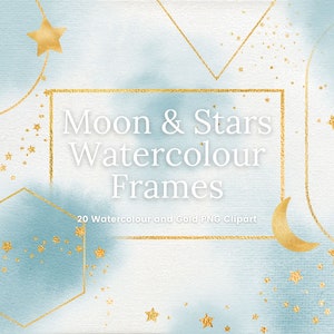 May include: A set of 20 watercolour and gold PNG clipart frames featuring a moon and stars. The frames are in a light blue and gold colour scheme and have a delicate, whimsical feel.