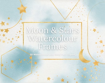Imágenes prediseñadas de acuarela azul y marco dorado, imágenes prediseñadas de luna dorada y borde de estrella, superposiciones de marco cuadrado PNG transparente celestial, uso comercial