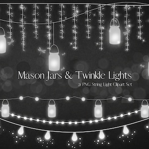 White Mason Jars String lights clipart, Glow Fairy light Clip Art, PNG Transparent Rustic Party Lights, Christmas Lights, Commercial use