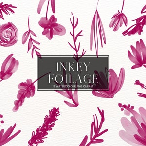 Inky Watercolour Flower Clipart, Pink Botanical PNG florals, Transparent Watercolor Modern Foliage Wedding Clip Art
