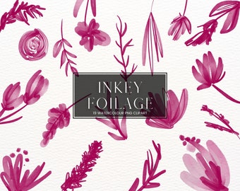 Inky Watercolour Flower Clipart, Pink Botanical PNG florals, Transparent Watercolor Modern Foliage Wedding Clip Art