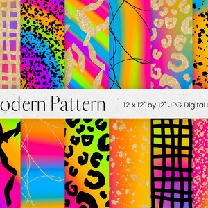 Rainbow Modern Design Digital Paper, Stripe, Fine Line Texture, Black, Gold Glitter Leopard Print Background, Digital Scrapbook Paper
