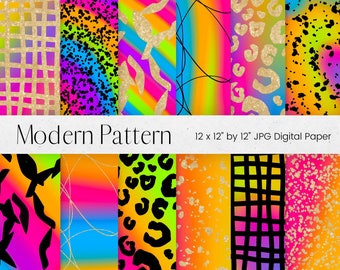 Carta digitale dal design moderno arcobaleno, striscia, trama fine, nero, sfondo con stampa leopardata glitter oro, carta per album digitale