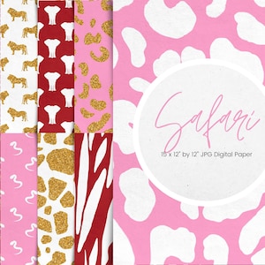 15 Gold Glitter Pink and Red Safari Digital Paper, Animal Paint Paper Pattern, African Animal Background Leopard Textures, Commercial Use