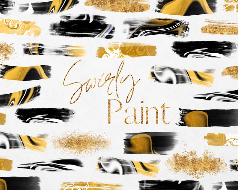 Swirling Monochrome Paint Clipart PNG Watercolour Paint Gold Brush Stroke Gold Glitter Clip Art Commercial Use Black White