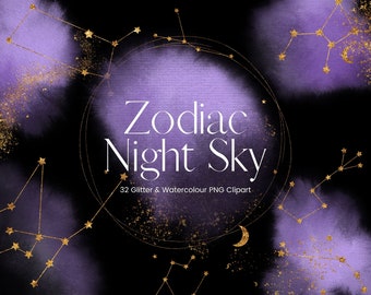Lila Aquarell Sternzeichen Konstellation Clipart, Gold Glitter Sternzeichen Clipart, Astrologie PNG Aquarell Wolken Nachthimmel, kommerzielle