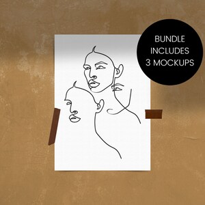 May include: A black and white line art print of three faces, with the text "Bundle Includes 3 Mockups" in a black circle at the top right corner.