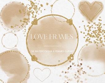 Heart Watercolour and Gold Frames Clipart, Beige and Gold Glitter Frame, Love Heart Transparent PNG Watercolor Brushstroke, Wedding Clip Art