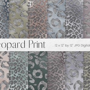 Silver Leopard Print Digital Paper, Glitter Animal Print Pattern, Metallic Rainbow Scrapbook Paper, Foil Background Textures, Commercial Use