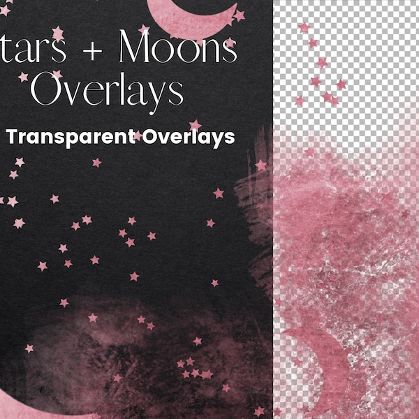 Rosa stjärnor och månar överlägg, roséguldglitter och foliestjärna clipart, himmelska överlägg, stjärnklar natt clipart, transparent natthimmel