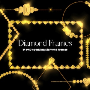 Gold Diamond Frame Clipart, Gold Diamond Borders Overlay, Glitter Gems Clip Art, Diamond Circle, Square Frames, Commercial Use