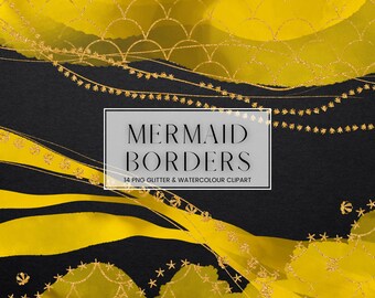 Mermaid Watercolour Border Clip Art, Yellow Watercolor Gold Glitter Digital Frames, Transparent PNG Ocean Fish Shell Frames Clipart