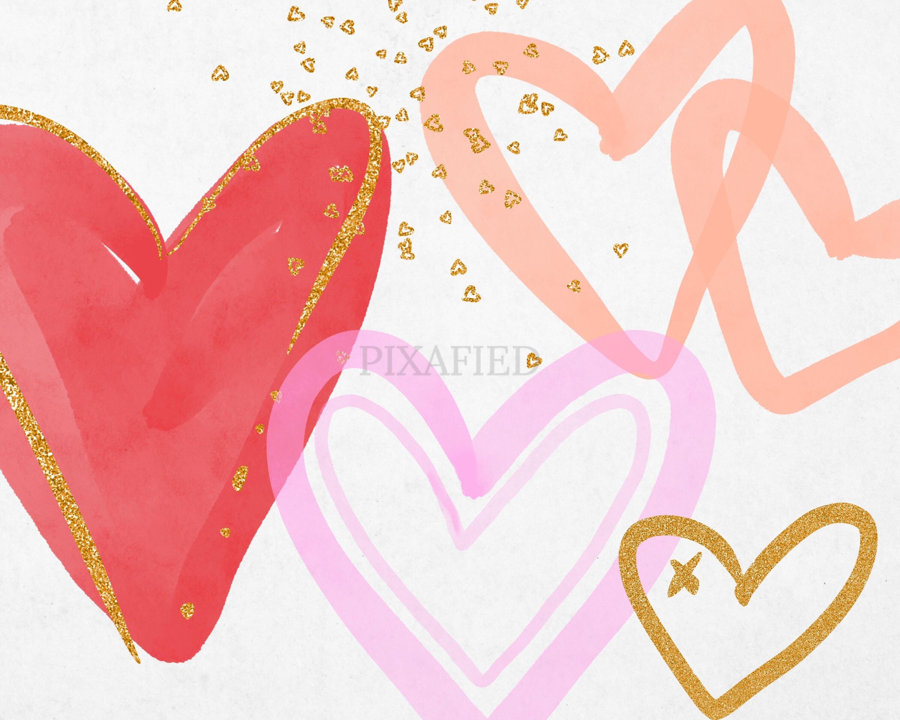 Watercolour and Gold Glitter Heart Clip Art, Pink Hand Drawn Hearts ...