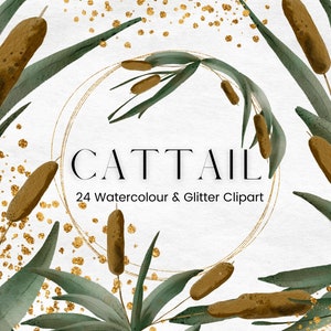 Watercolour Cattail Clipart, Botanical Leaf and Gold Glitter Frame, Painted Foliage Clip art, Wedding Invitations, Commercial License