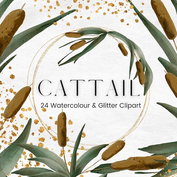 Watercolour Cattail Clipart, Botanical Leaf and Gold Glitter Frame, Painted Foliage Clip art, Wedding Invitations, Commercial License