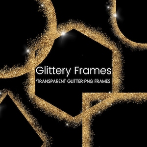 Gold Glitter Frame Clipart Set, Glitter Border Elements, Square, Circle Glitter Border Clip Art, Invitation, Transparent PNG, Commercial Use