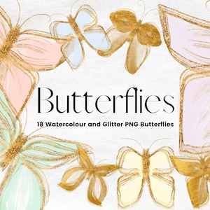 May include: A set of 18 watercolor and glitter PNG butterflies in various colors, including pink, blue, green, and gold. The butterflies are arranged in a cluster, with the text "Butterflies" and "18 Watercolor and Glitter PNG Butterflies" below.