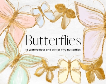 Gold Glitter and Watercolour Butterflies Clipart, Glitter Butterfly PNG, Transparent Pastel Watercolour Digital Clipart, Commercial License
