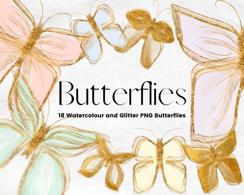 May include: A set of 18 watercolor and glitter PNG butterflies in various colors, including pink, blue, green, and gold. The butterflies are arranged in a cluster, with the text "Butterflies" and "18 Watercolor and Glitter PNG Butterflies" below.