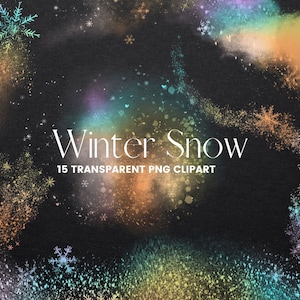May include: A digital illustration of 15 colorful, sparkling snowflakes on a black background. The text "Winter Snow" and "15 Transparent PNG Clipart" is written in white.