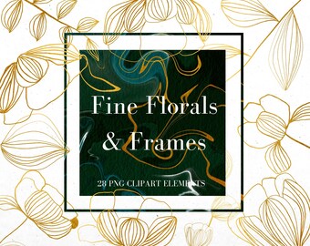 Gold Fine Line Flowers and Green Watercolour Frames Clipart, Hand Drawn Gold Leaves, Plant Foliage, PNG Transparent Clip Art, Commercial Use