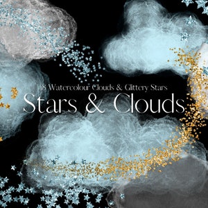 Puede incluir: 18 Nubes de acuarela y estrellas brillantes. Conjunto de clipart digital con nubes de acuarela azules y grises con estrellas brillantes doradas y plateadas.