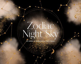 Beige aquarel Zodiac Constellation Clipart, Gold Glitter Zodiac Signs Clipart, Astrologie PNG Aquarel Wolken Nachtelijke Hemel, Commercieel
