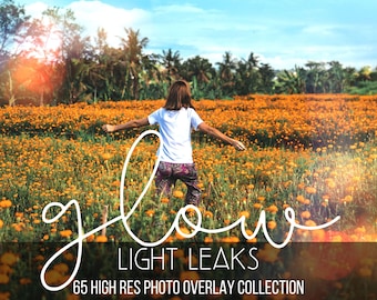 May include: A woman walks through a field of yellow flowers with a bright sun flare in the background. The text "glow light leaks 65 high res photo overlay collection" is written in white on the bottom of the image.
