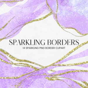 Sparkling Borders Clipart, Glowing Purple and Gold Glitter Border Overlay Digital Clip Art, Sparkling Transparent PNG Frame, Commercial Use