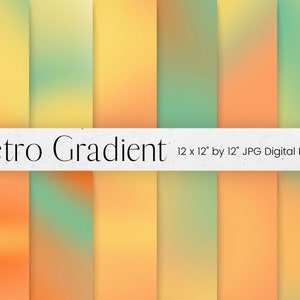 May include: Set of 8 digital paper backgrounds with retro gradient designs in shades of yellow, orange, and green. Each design is 12 inches by 12 inches.