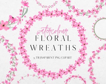 Pink Watercolour Flower Wreath Clipart, Spring Floral Graphics Frames, Transparent PNG Watercolour Wedding Clip Art, Commercial Use