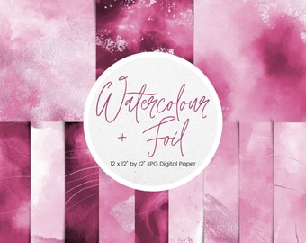 Pink Watercolour Digital Paper, Pink Paint and Foil Paper Pattern Scrapbook, Watercolour Painted Paper Background Textures, Commercial Use