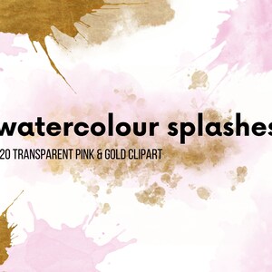 20 Pink and Gold Foil Watercolor Splashes Clipart, Rose Watercolour spots and splatter brush strokes, wedding, birthday Commercial Use PNG