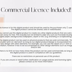 May include: Text document with a white background and black text outlining the terms of a commercial license for a digital product. The text includes the phrase "Commercial License Included!" and details the usage rights for the digital product.