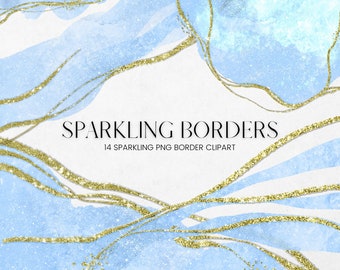 Sparkling Borders Clipart, Glowing Blue and Gold Glitter Border Overlay Digital Clip Art, Sparkling Transparent PNG Frame, Commercial Use