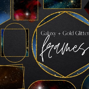 Galaxy und Gold Glitzer Rahmen Clipart, Kreis Quadrat Logo Rahmen, Galaxy Form Clip Art, PNG Rahmen Overlays, Folien Grenzen kommerzielle Nutzung