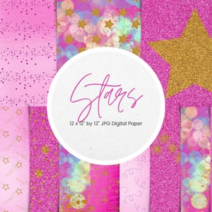 Pink and Gold Glitter Star Digital Paper, Pink Foil Stars Paper Pack, Glitter Background Texture Wallpaper, Commercial Use