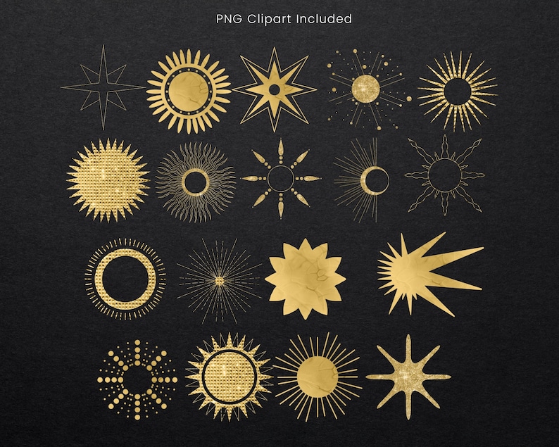 May include: A set of 18 gold-colored celestial sun and star illustrations. The illustrations are in a variety of styles, including geometric, abstract, and traditional.
