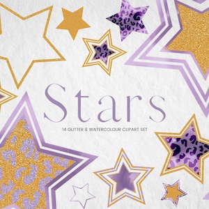 Clipart de estrela roxa em aquarela e glitter, estrelas PNG com glitter dourado, estrela digital com estampa animal de leopardo em aquarela, clipart de céu noturno dourado