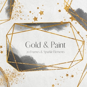 Gold Glitter and Watercolour Frame Clipart, Black frame, PNG Grey watercolour, Geometric Gold Glitter Star Frames, Commercial Use