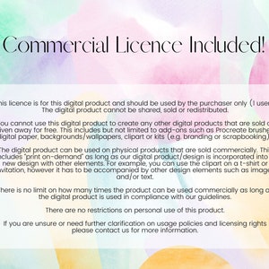 May include: A digital product license agreement with a watercolor background. The text states that the license is for one user only and the digital product cannot be shared, sold, or redistributed. The license allows for commercial use of the product as long as it is used in compliance with the guidelines.