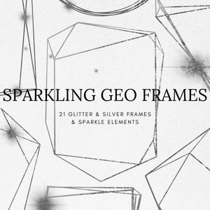 Silver and Glitter Geo frame Clipart, Glitter and Metal Foil Stars, Glitter Frame, Geometric clipart, Silver Polygonal frame, Thin Frame PNG