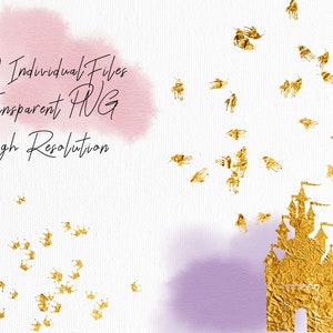 May include: 20 individual files of high resolution transparent PNG images of gold crowns and a gold castle on a white background with pink and purple watercolor washes.