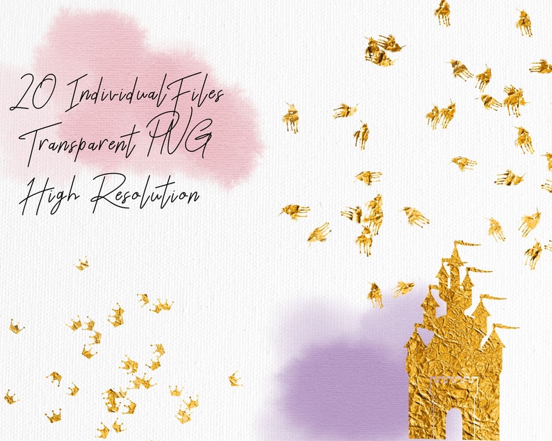 May include: 20 individual files of high resolution transparent PNG images of gold crowns and a gold castle on a white background with pink and purple watercolor washes.