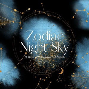 Niebieskie akwarele zodiaku konstelacji clipart, złoty brokat znaki zodiaku clipart, astrologia PNG akwarela chmury nocne niebo, wykorzystanie komercyjne