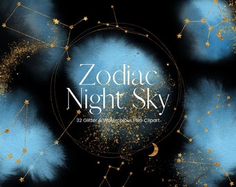Blue Watercolour Zodiac Constellation Clipart, Gold Glitter Zodiac Signs Clipart, Astrology PNG Watercolour Clouds Night Sky, Commercial Use