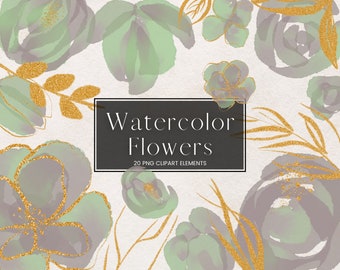 Green Watercolour Flower Clipart, Gold Glitter Leaves Foliage Leaf, Gold Peonies Roses Transparent PNG Wedding Floral Clip Art
