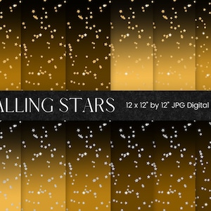 Vallend ster digitaal papier, goud glitter sterpatroon, geel zwart Ombre digitaal plakboekpapier, sterrennacht zilver glitter achtergrond