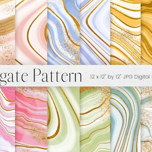 May include: Set of eight digital paper designs featuring agate patterns in pink, blue, green, and gold with gold glitter accents. Each design is 12 inches by 12 inches.